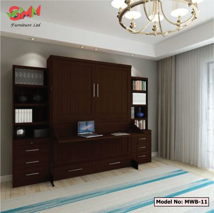 Murphy Wall Bed made of Melamine Board for Queen Size with Desk, Bookcase, and Drawer mwb-11