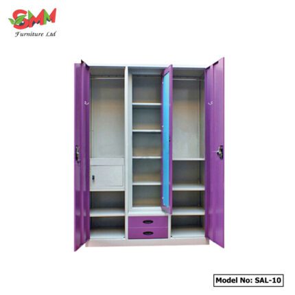 Three-door wardrobe featuring a drawer and lock