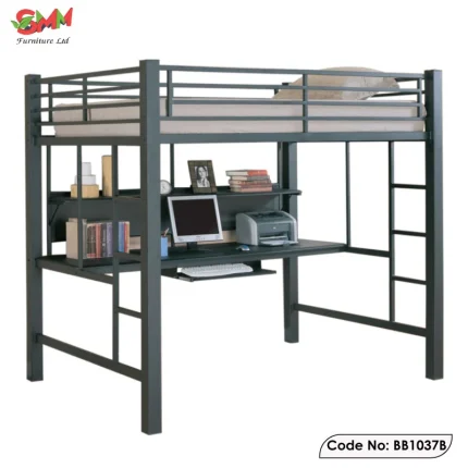 Heavy Duty Metal Loft Bed Frame With Desk and Shelf
