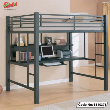Heavy Duty Metal Loft Bed Frame With Desk and Shelf