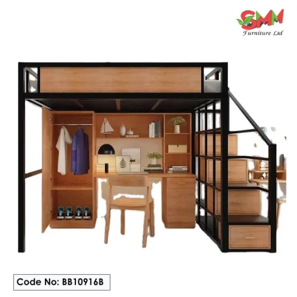 Modern Loft Bunk Bed with Desk, Wardrobe & Storage Drawers