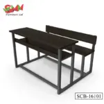 SMM Furniture SCB-16101 dual seater classroom desk and bench set with black metal frame and dark wood finish.