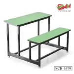 Durable 2-Seater School Desk and Bench Set SCB-1679 with green laminated top and black metal frame.