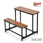 SMM Furniture SCB-1680 dual student desk and bench combo with black metal frame and wood grain top for classrooms.